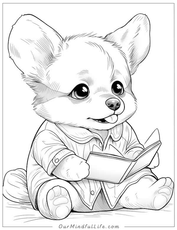 Baby corgi reading a book coloring page