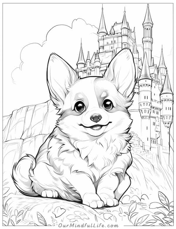 Corgi in front of Windsor Castle coloring page