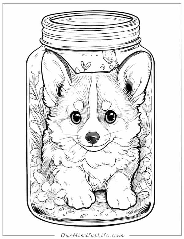 Corgi inside of a jar coloring page